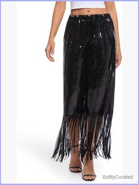 High Waisted Sequin Wide Leg Palazzo Pants Fringe Sparkle Disco